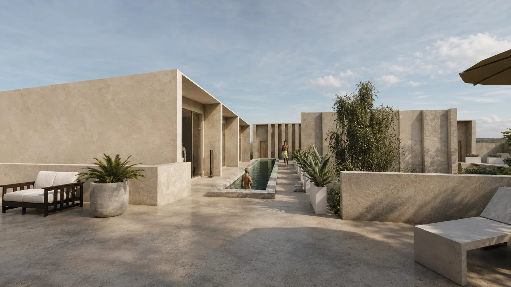 Vista de la terraza del estudio artístico con carril de nado, bancas y vegetación en macetas de concreto.