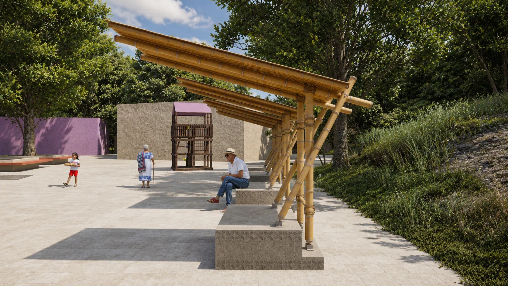 Detalle del mobiliario: pérgola de bambú con teja de bambú sobre bancas de piedra caliza, con personas sentadas a la sombra.