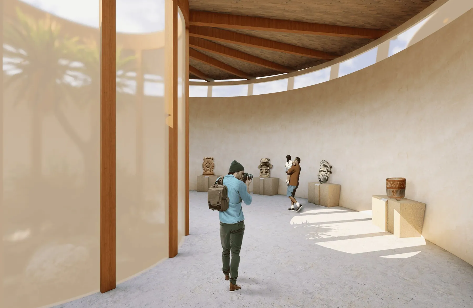 Interior de un módulo del museo con muros curvos de tierra, artesanías mayas en exhibición y luz filtrada por celosía de madera.