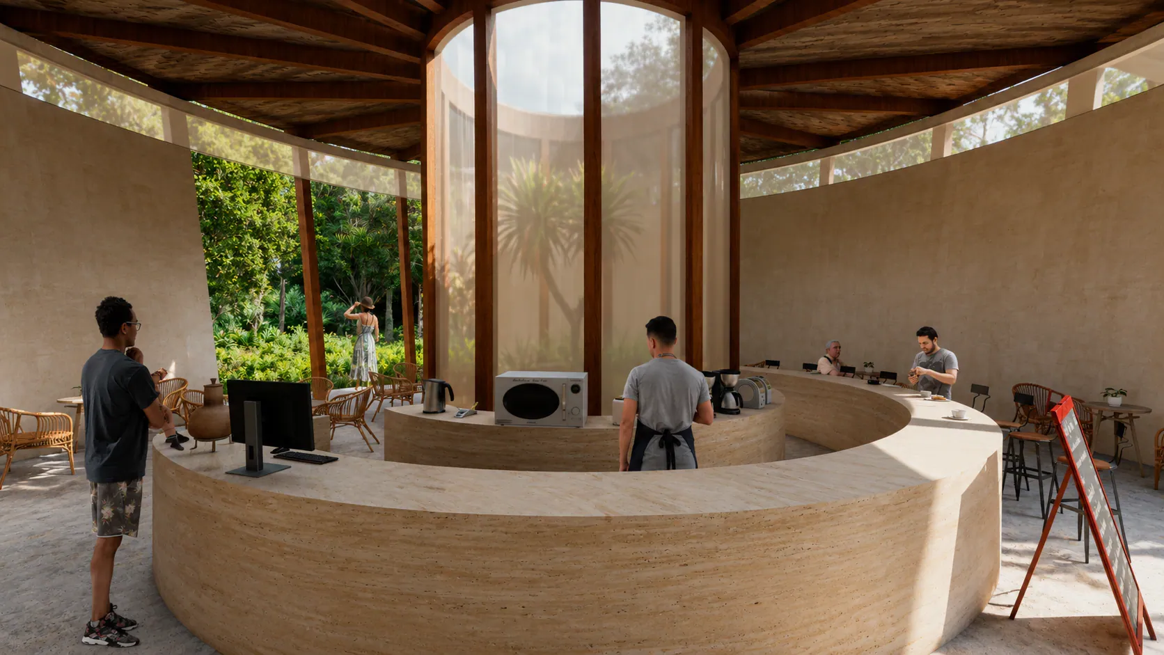 Interior de la cafetería del museo: mostrador curvo de tierra compactada, celosía vertical de madera y vista al jardín.