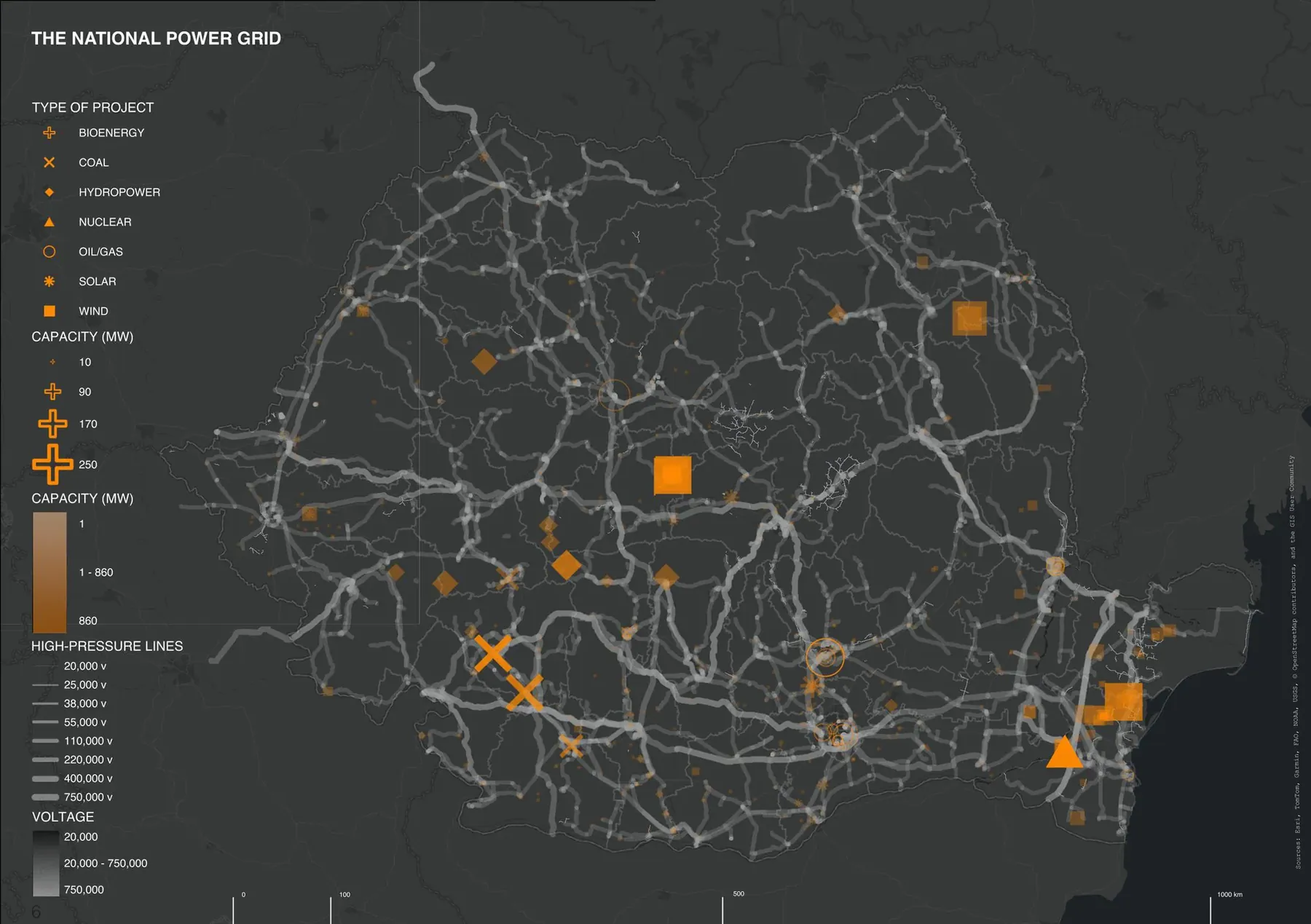 Lámina de investigación con el mapa de la red energética nacional de Rumania en naranja sobre fondo oscuro.