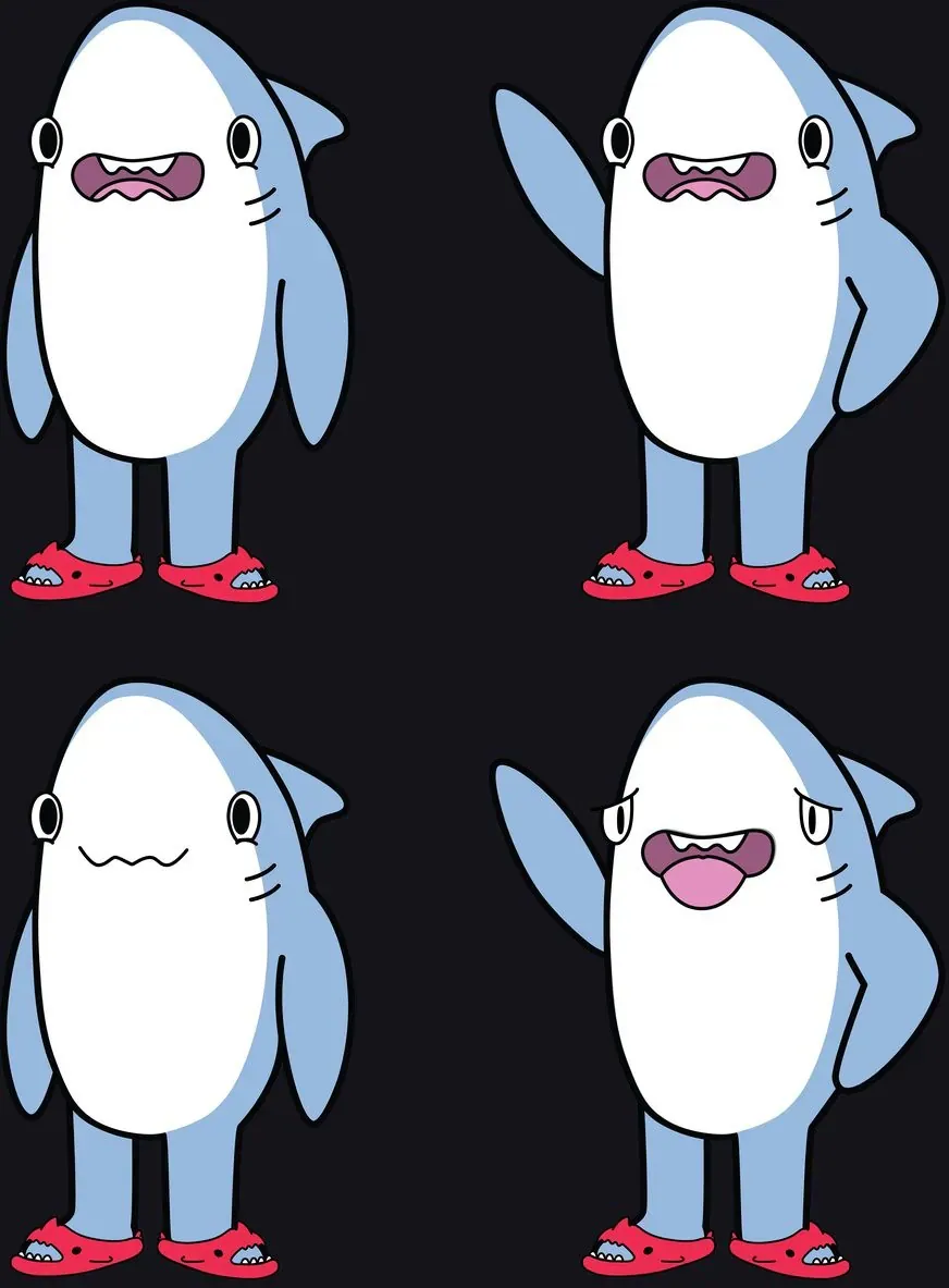Cuadrícula de cuatro poses y expresiones del personaje Sharkman sobre fondo oscuro.
