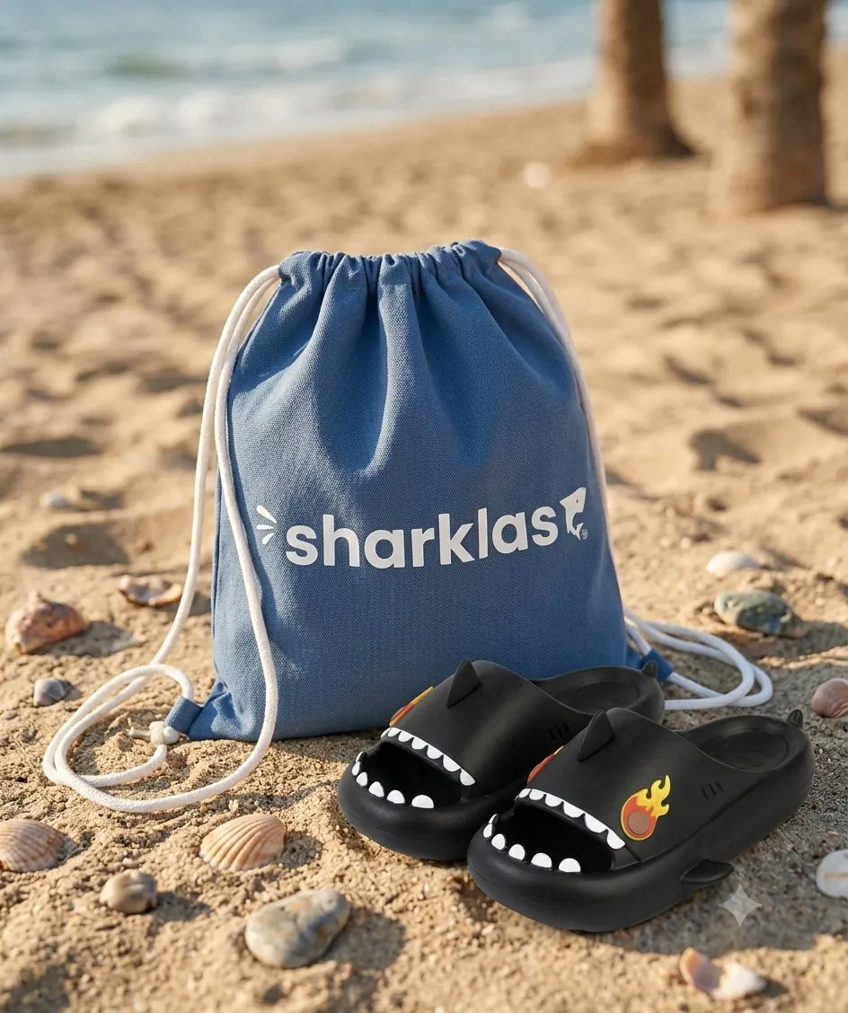 Bolsa de tela azul con cordón y el logotipo de la marca, junto a un par de chanclas negras sobre la arena.