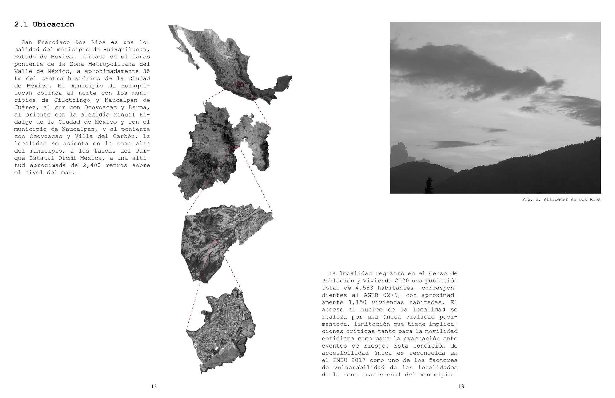 Lámina de ubicación con siluetas del territorio en gris y una fotografía de paisaje en blanco y negro.