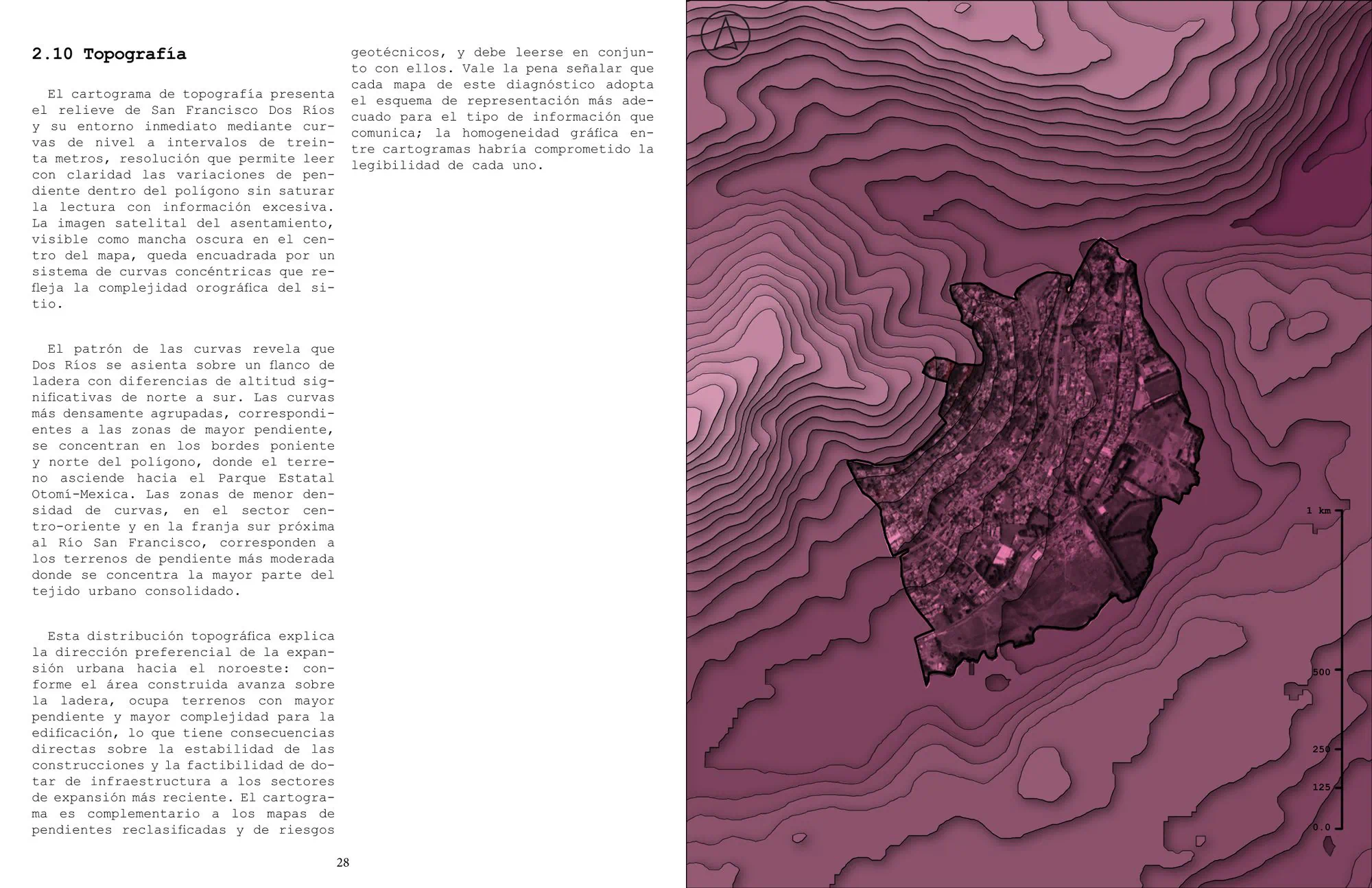 Lámina de topografía con curvas de nivel densas en magenta sobre el perímetro del territorio.