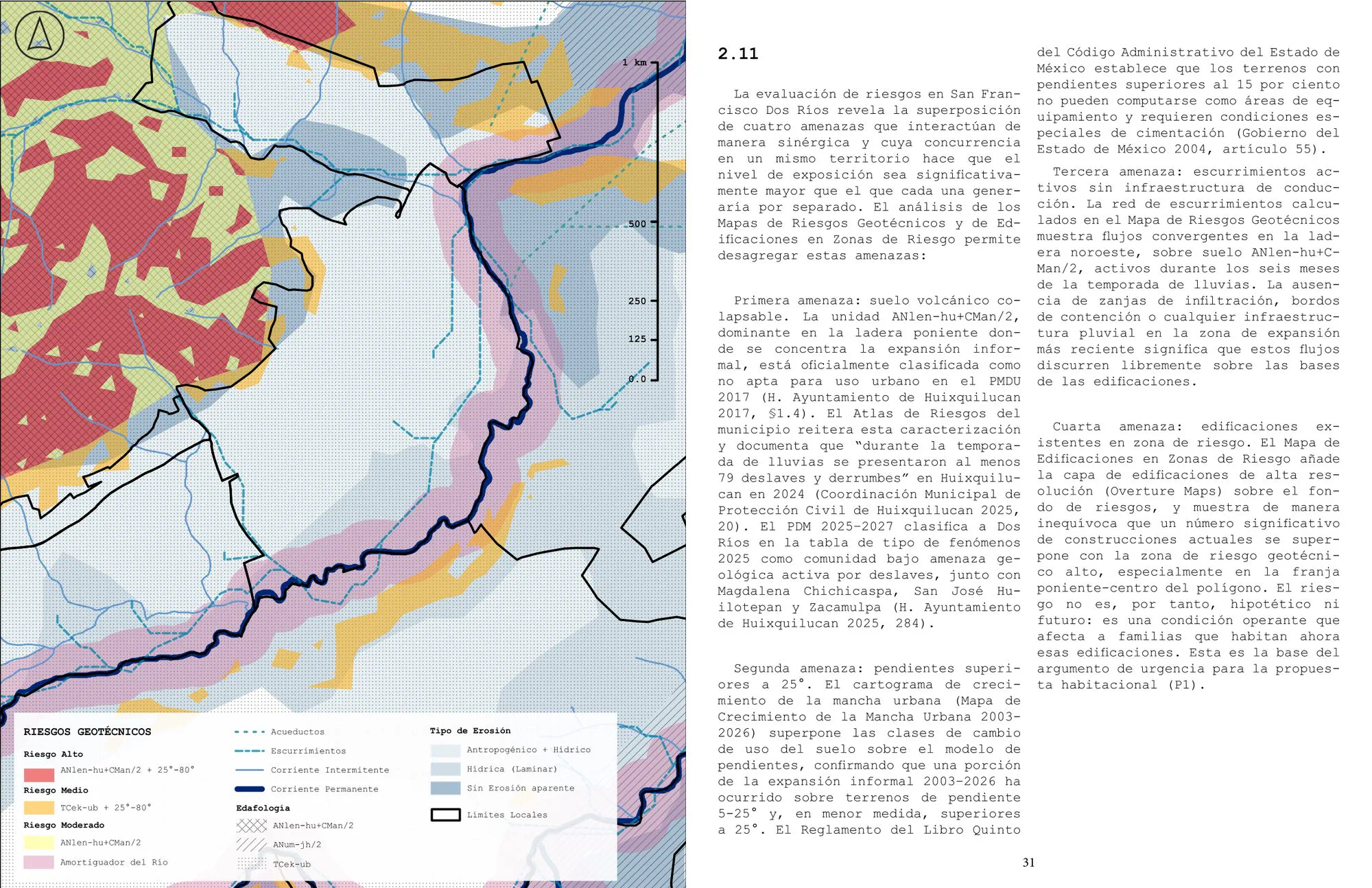 Mapa temático de usos de suelo en rojos, azules y amarillos con la red hidrológica sobrepuesta.