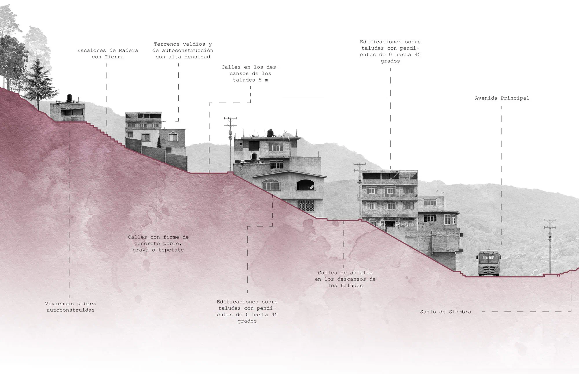 Sección transversal del terreno en rosa mostrando viviendas escalonadas sobre la pendiente.