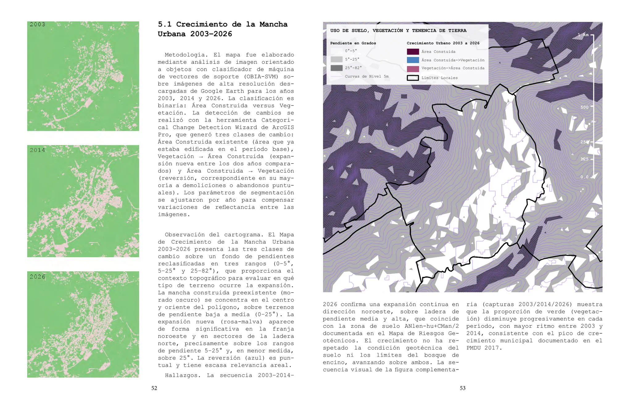 Serie de tres mapas en verde que comparan el crecimiento de la mancha urbana entre 2003 y 2024.
