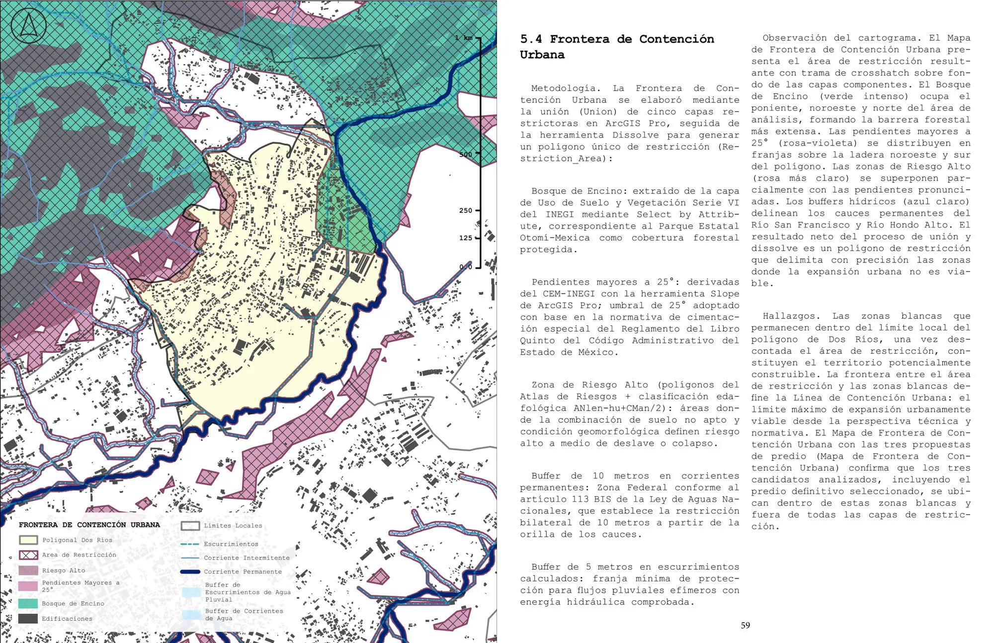 Mapa de síntesis a color con el trazo propuesto de la frontera de contención urbana y su leyenda.